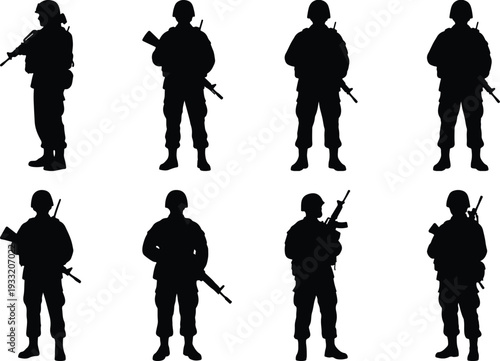 Set of eight black silhouette graphics depicting soldiers in uniform, armed with rifles, shown from different perspectives and stances.