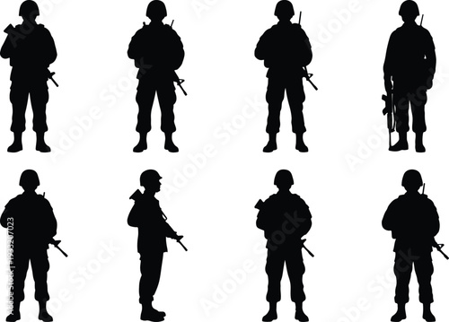 Set of eight silhouette vector graphics featuring soldiers in military attire, holding firearms, shown in multiple static poses on white.