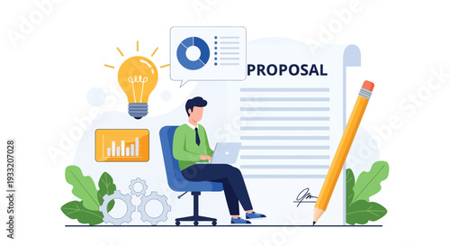 Man working on laptop with business proposal document, light bulb for ideas and charts displaying statistics for project planning and financial presentation strategy