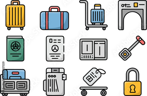 Travel luggage and airport security icons set featuring suitcase passport scanner conveyor belt and door lock.
