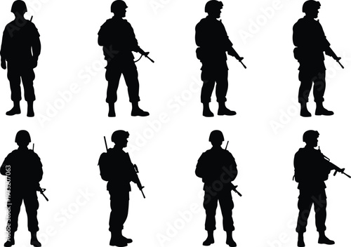 Eight distinct black silhouette images of soldiers in full uniform, holding rifles, captured in various standing positions and angles.