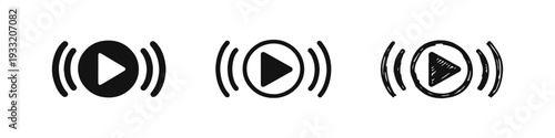 Play button with sound waves icon set. Live stream and media playback symbols in three distinct styles.