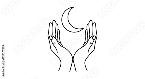 Delicate line art depicts cupped hands holding a crescent moon a minimalist design silhouette high quality professional detailed