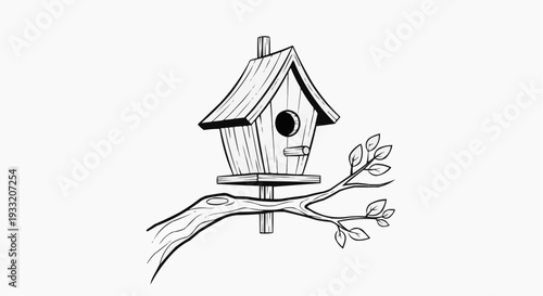 A simple line art illustration of a birdhouse on a tree branch