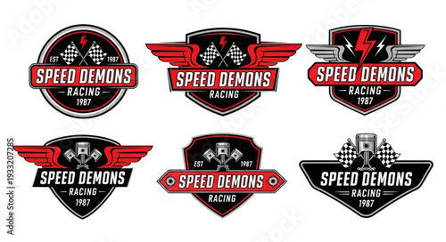 Speed Demons Racing Badges Collection - Emblem Designs for Racing Enthusiasts.