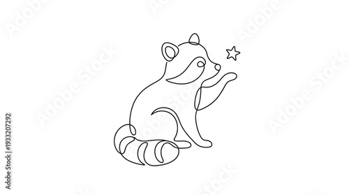 Raccoon with Star One-Line Icon, Single Continuous Line Sitting Animal Minimal Mask Outline