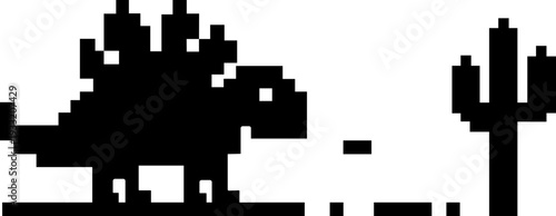 Dinosaur pixel icon retro game style vector silhouettes and outline illustrations, prehistoric animals, desert cactus scene, isolated design element.