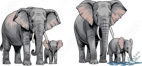 African elephant mother and baby calf vector illustration with wildlife animal family characters