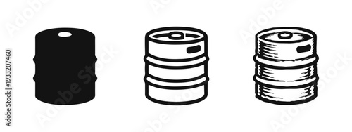 Beer keg icon set. Beverage barrel symbols for beer storage and serving in various artistic styles for breweries.