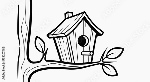 A minimalist black and white illustration of a birdhouse on a tree branch