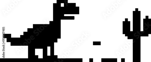 Dinosaur pixel icon retro game style vector silhouettes and outline illustrations, prehistoric animals, desert cactus scene, isolated design element.