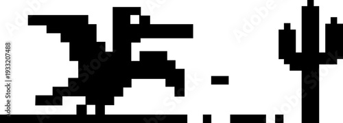 Dinosaur pixel icon retro game style vector silhouettes and outline illustrations, prehistoric animals, desert cactus scene, isolated design element.