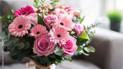 Bright Blooms in a Vase on a Table Near a Couch in a Living Room Setting With...