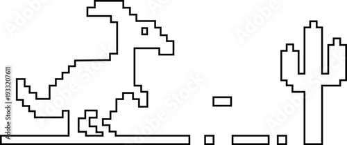 Dinosaur pixel icon retro game style vector silhouettes and outline illustrations, prehistoric animals, desert cactus scene, isolated design element.