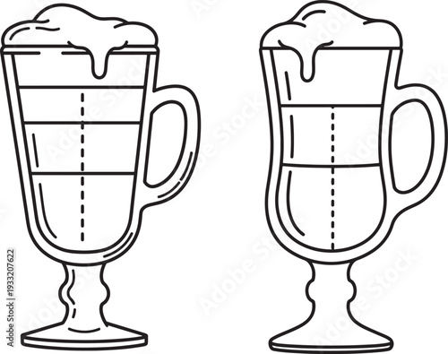 Two glasses with layered coffee drinks and frothy tops