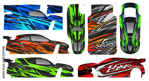 Colorful racing car body shells with vibrant designs and aerodynamic features.