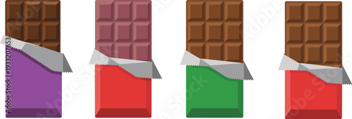 Assorted chocolate bars in colorful wrappers cartoon vector illustration sweet candy snack collection