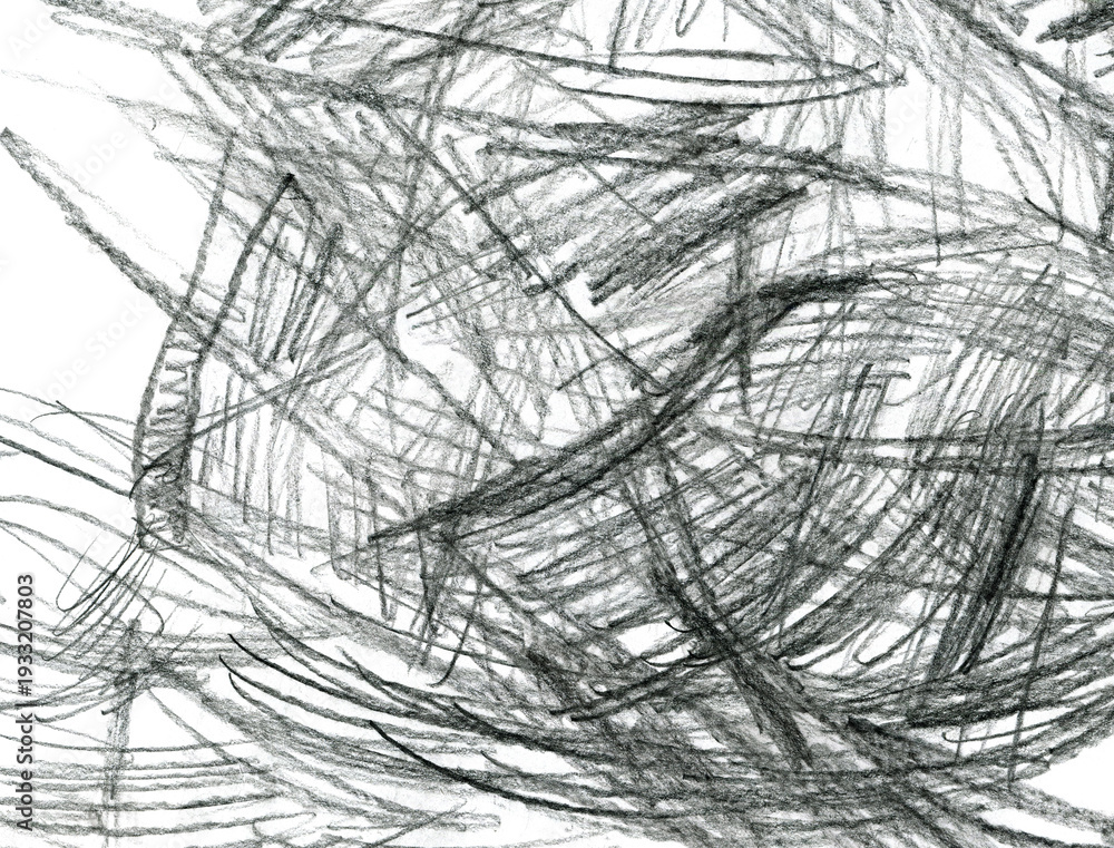 Obraz premium Dynamic line mood abstract graphic drawing expression for background. Close up of a black pencil hatch stroke for design on white paper background