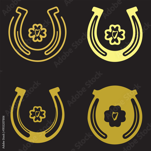 Golden Horseshoe and Shamrock Icon Set. Vector St. Patrick's Day Symbols.
