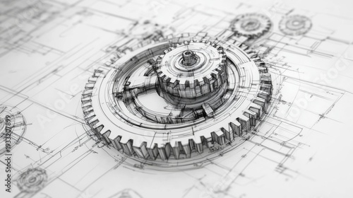 Gears, Pencils, and Blueprints on a Work Desk During a Design Session in a Wo...