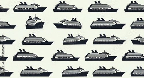 Cruise ship pattern repeating across a cream colored background, travel concept.