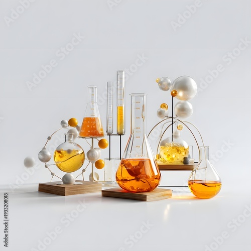 A collection of laboratory equipment and molecular models on a white surface