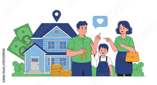 Happy family with child standing in front of new house with money and coins, symbolizing home ownership, financial investment, and real estate market