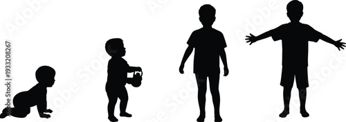 Children growth stages silhouette vector illustration, baby crawling toddler standing kid development progression black isolated figures on white background