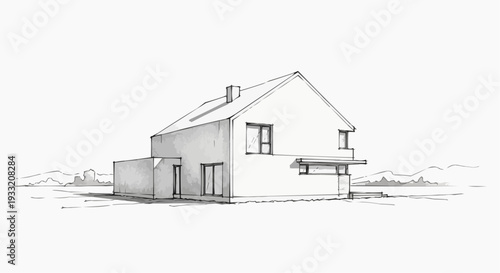 A simple line drawing of a modern house with a gable roof and chimney