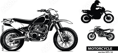 Motorcycle vector illustration with detailed sport bike and rider silhouette, isolated motorbike design in black and white
