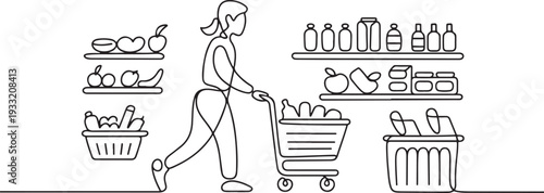One continuous line drawing of shopping activities in supermarkets by selecting the items you need vector illustration. one line Icon drawing