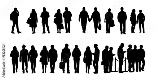 Bild auf Leinwand Urban Crowd Silhouettes Walking Standing People Black Vector Collection on White