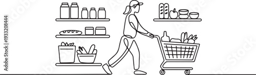 One continuous line drawing of shopping activities in supermarkets by selecting the items you need vector illustration. one line Icon drawing