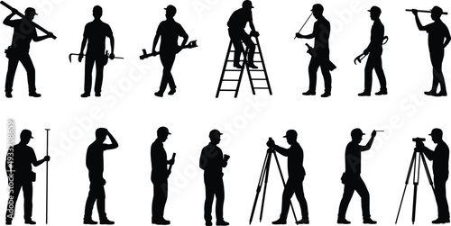 Construction and survey worker silhouettes with tools, ladder and tripod equipment, professional engineering labor concept, black vector illustration isolated on white background