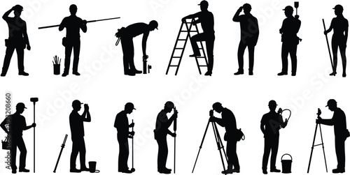 Construction and survey worker silhouettes with ladder, measuring staff and tripod tools, professional engineering labor concept, black vector illustration isolated on white background