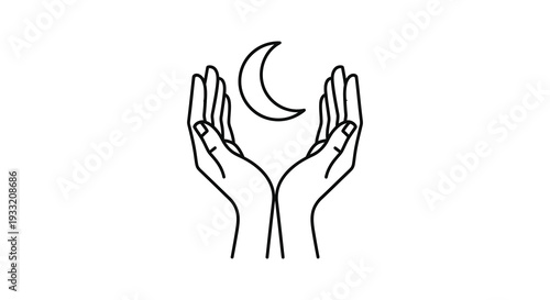 Two open hands cradle a crescent moon in a minimalist black and white line drawing silhouette high quality professional detailed