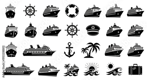 Collection of various cruise ship and nautical themed illustrations in black and white.