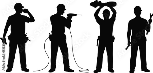 Construction worker silhouettes set, professional builders using drill and wrench with heavy tools, black vector illustration isolated on white background