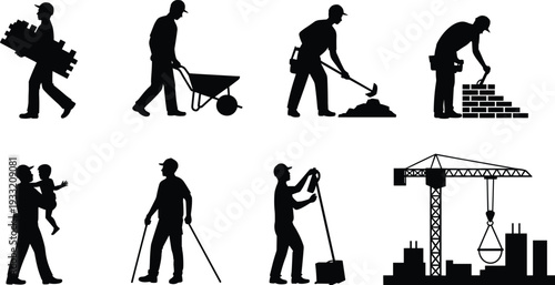 Construction worker silhouettes with wheelbarrow, bricklaying and crane skyline, industrial building and labor profession concept, black vector illustration isolated on white background