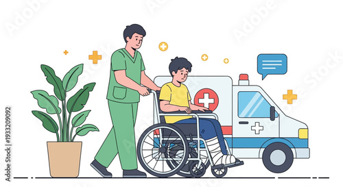Nurse pushing boy in wheelchair next to ambulance vehicle on street healthcare medical transport injury accident patient boy bandaged leg recovery assistance medical care emergency service