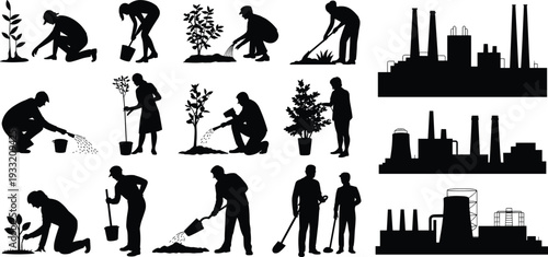 Environmental volunteers planting trees and industrial factory pollution silhouettes, sustainability versus emission concept, black vector illustration isolated on white background