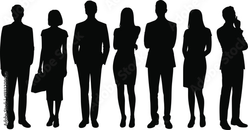 Set of black silhouettes featuring professional business men and women standing in formal office attire and various poses isolated on white background.