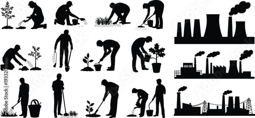 Environmental volunteers planting trees and industrial factory pollution silhouettes, climate change and sustainability contrast concept, black vector illustration isolated on white background