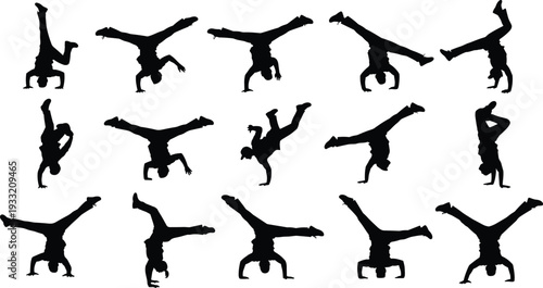 Breakdance handstand silhouette set of hip hop dancers isolated on white background