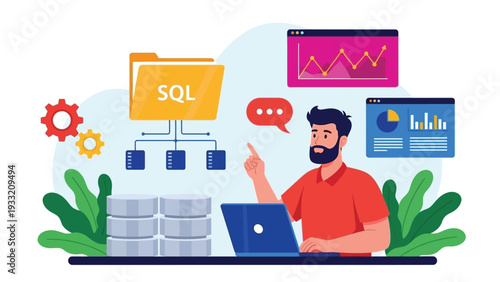 Data scientist working with sql database folders and digital analytic dashboard charts while sitting at laptop with gears and plant decorations on background