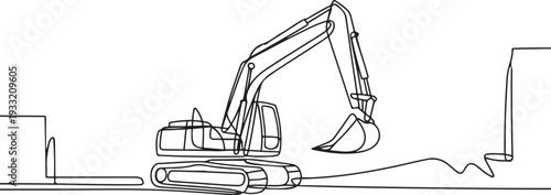 One continuous line drawing of excavator in the site project. Construction Project design concept with simple linear style. one line Icon drawing