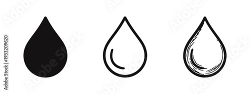 Water drop icons in solid, outline, and hand-drawn styles.