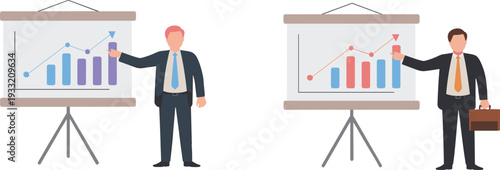 Business presentation with growth charts and businessman pointing at graph cartoon vector illustration concept