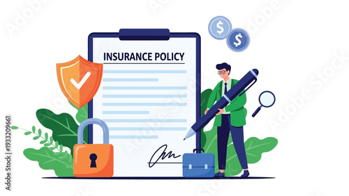 Insurance policy document with security padlock and shield icon being signed by professional agent holding giant pen for financial protection and agreement