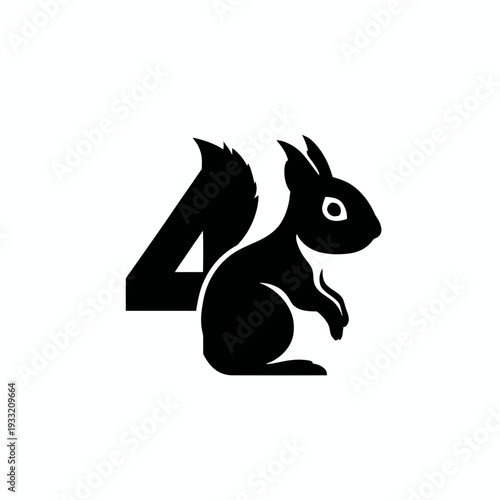 Creative black squirrel silhouette integrated with the number four, a minimalist graphic design element suitable for branding and abstract concepts.
